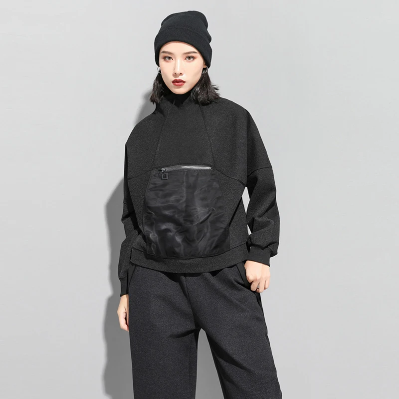 [EAM] Свободная черная толстовка с разрезом и карманами, новая водолазка с длинным рукавом, Женская мода большого размера, Осень-зима 19A-a231