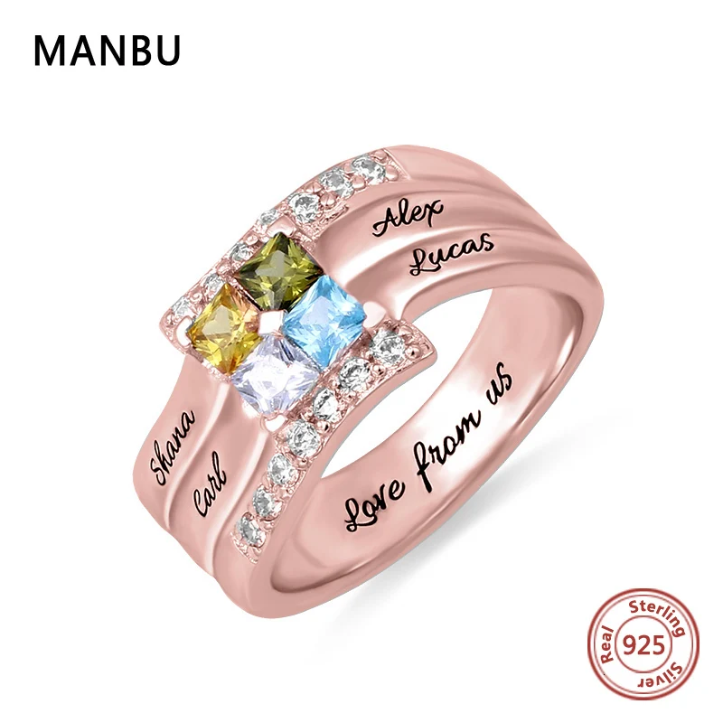MANBU 925 пробы, серебряные мужские и женские кольца, персонализированное заказное кольцо с камнем рождения с 4 именами, кольца для мужчин и женщин, ювелирное изделие, подарок
