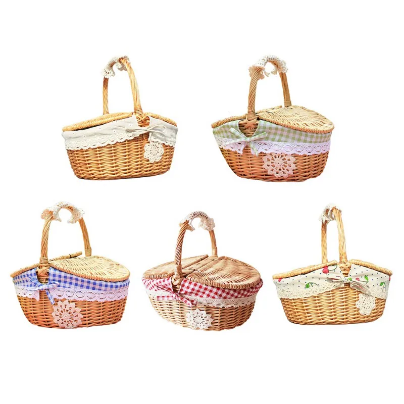 

Wicker Woven Storage Baskets Picnic Food Beverage Holder Storage Container Rattan Basket with Lid Outdoor Storage Organizer A