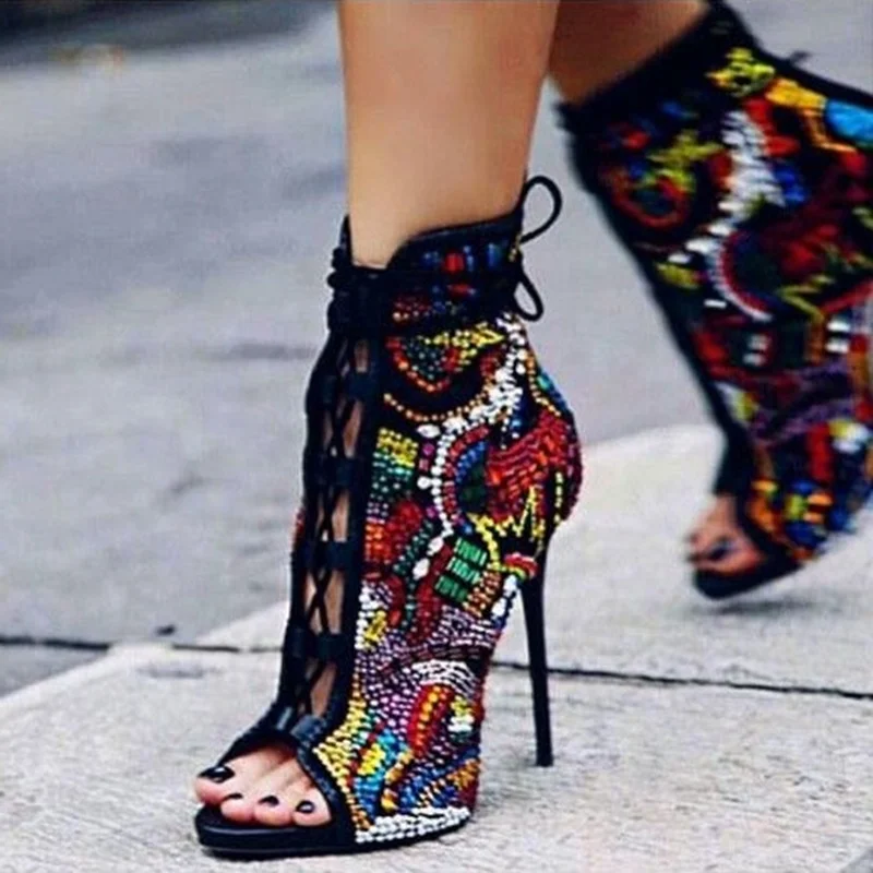 

Multicolor Crystal High Heel Ankle Boots Peep Toe Lace-up Stiletto Heels Dress Shoes String Bead Cut-out Short Bootie Drop Ship