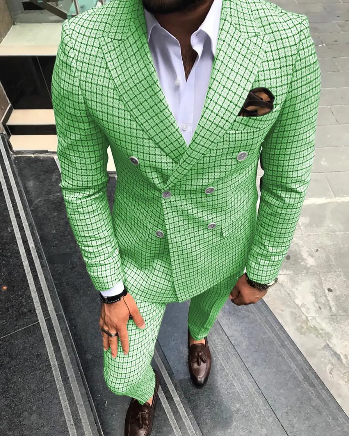 Men Suits for Wedding 2023 Double Breasted Blazer Plaid Tuxedo Men 2 Pieces Mint Green Groomsmen Suits (Blazer+Pants)