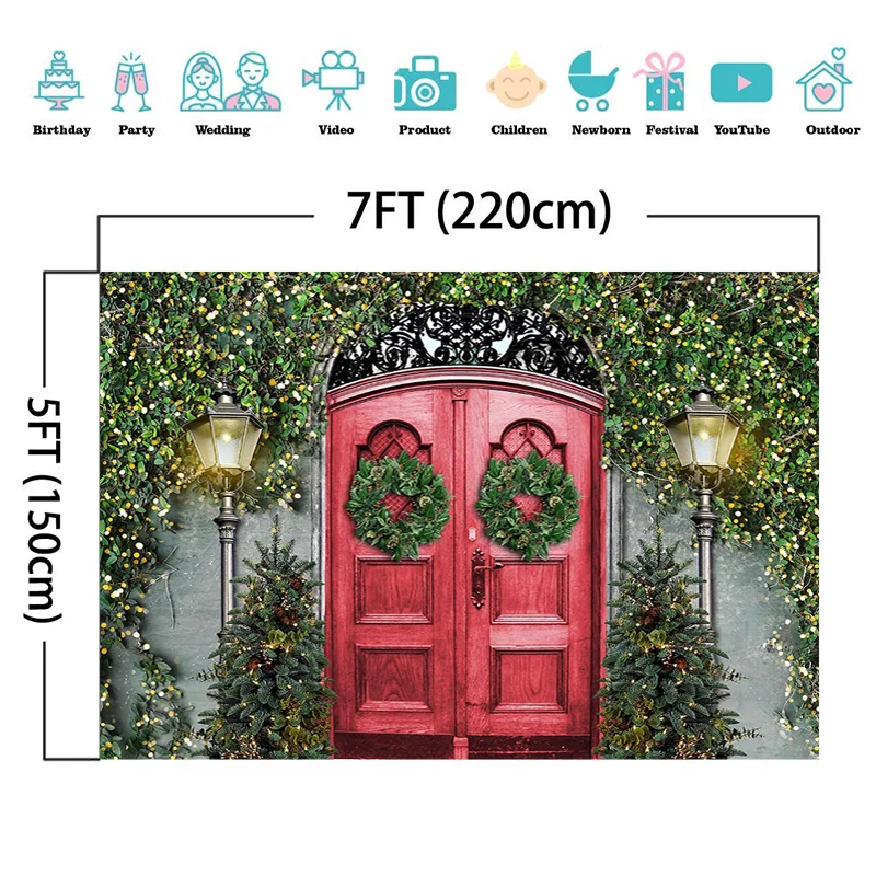 

Mocsicka Christmas Red Wooden Door Photography Background Christmas Tree Backdrop Child Portrait Decoration Props Photo Studio