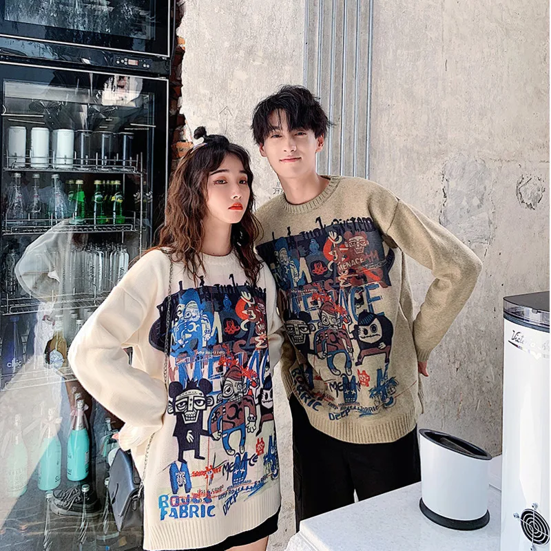 Мужской свободный свитер повседневный вязаный студенческий большого размера в