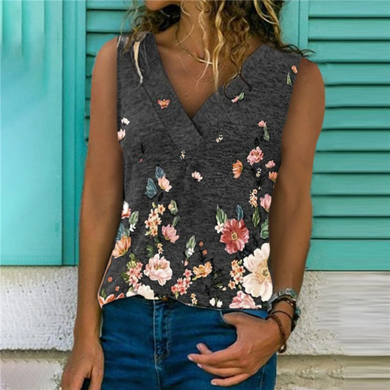 

Sleeveless Summer Casual T-Shirt Women Flower Print Fashion Tops Street V-Neck Tee Female Loose Loose T-Shirts Plus Size 2XL