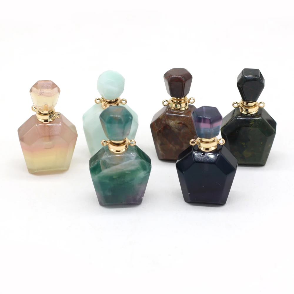 Natural Gems Stone Faceted Perfume Bottle Pendant Hexagon Essential Oil Diffuser Vial Charms for DIY Necklace Jewelry Making