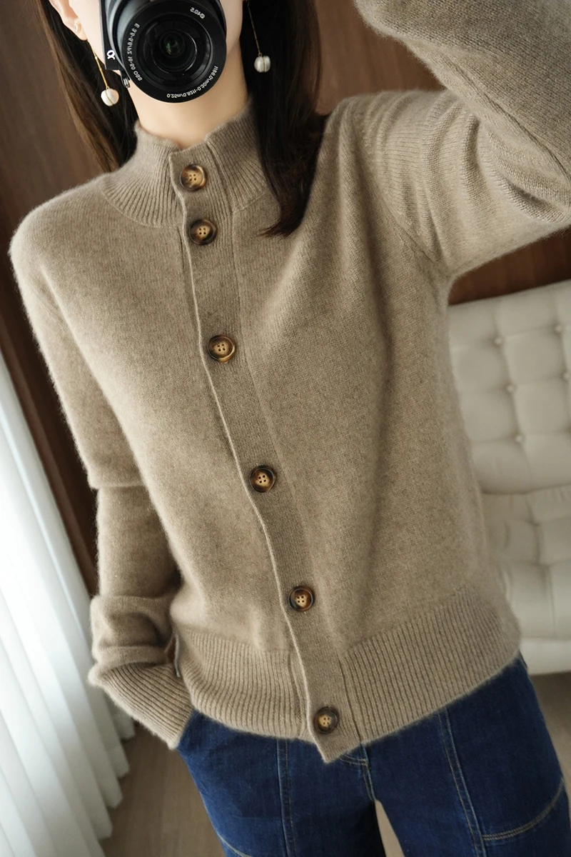 

Zocept Spring Autumn Women Merino Wool Sweater Cardigans Office Lady Half High Collar Single Breasted Knitted Female Cardigans