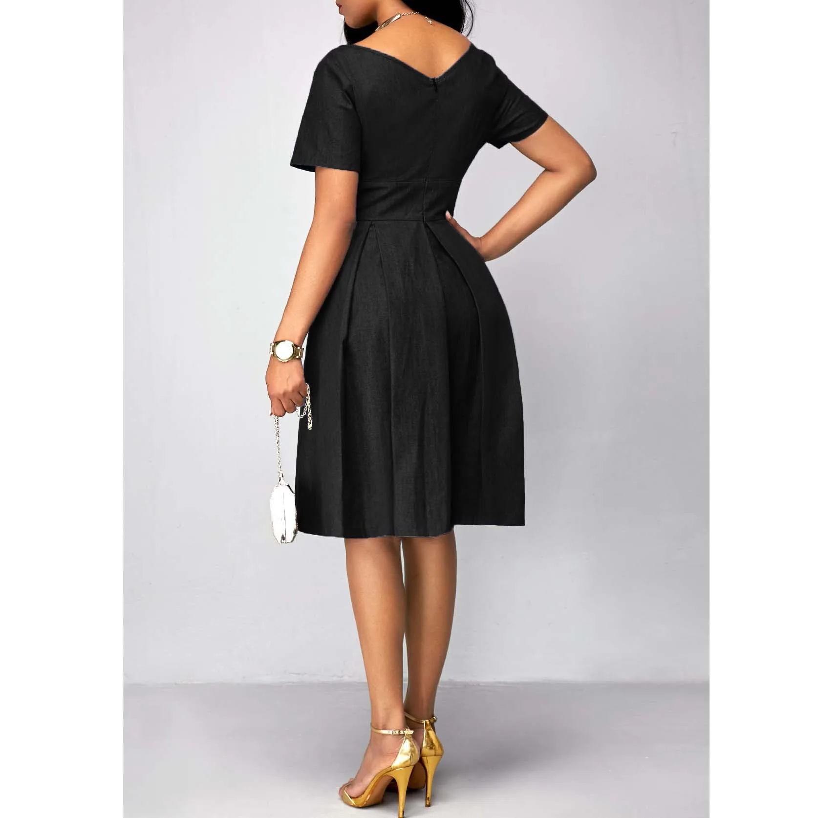

WEPBEL Solid Color Dress Summer Sexy Short Sleeve Slim Dress Women's Casual V-neck High Waist Pleated Dress