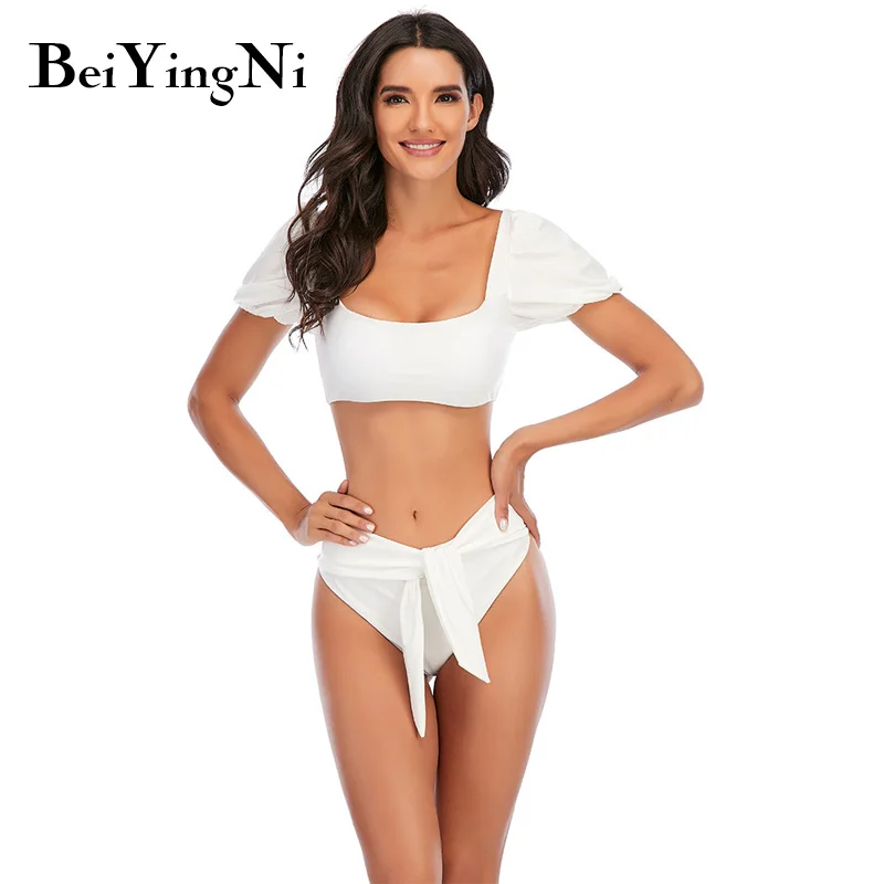 

Beiyingni Puff Sleeve Bikini Women High Waist Swimsuit White Black Printed Micro Beachwear Lace-up Brazilian Biquini Set Bather