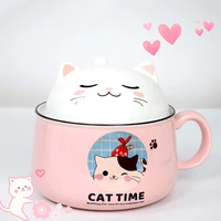 large capacity creative instant noodle bowl cute ceramic with lid girl dormitory student office cartoon bowl with handle