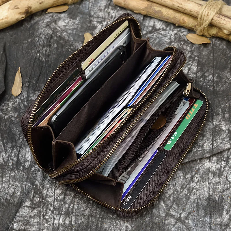 Мужской Длинный кошелек с двойной молнией crazy horse 24 держатель для карт большой на