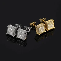 hip hop cz zircon square bling iced out micro full paved rhinestone stud earring gold copper earrings for men jewelry