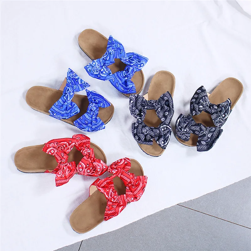2020 летние женские сандалии Шелковая обувь на плоской подошве с бантом Женская