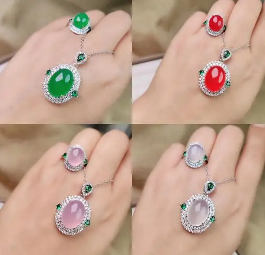 

Зеленый Халцедон агат нефрит безопасное Кольцо Кулон Стразы Цирконий кристалл драгоценный камень ювелирные изделия