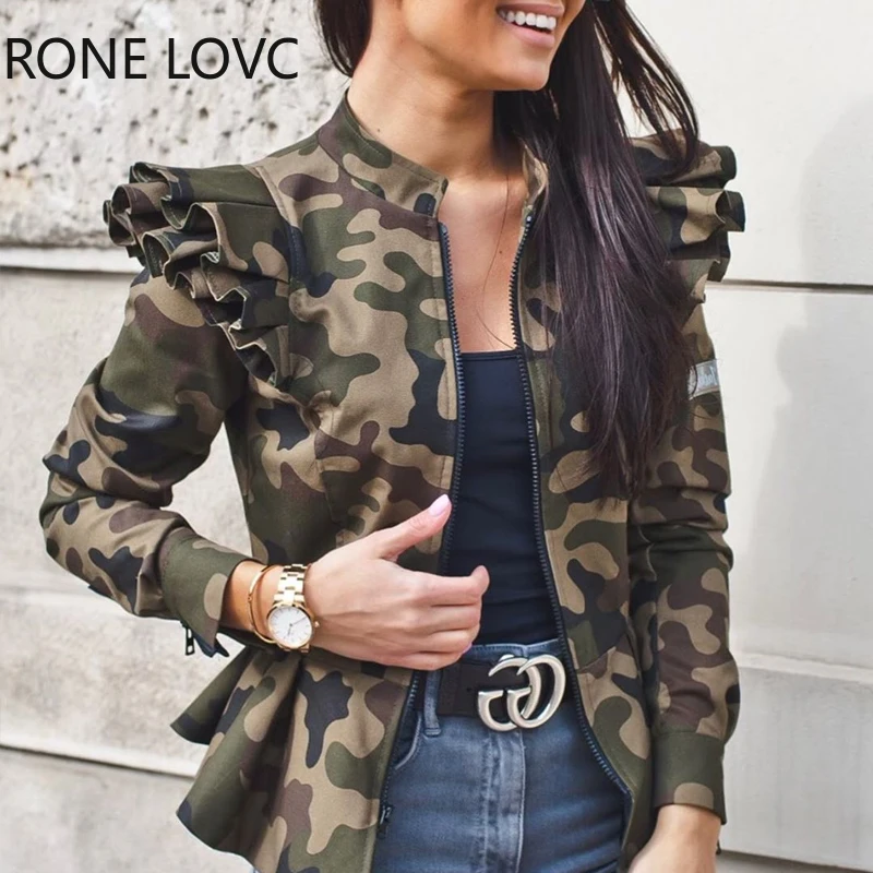 Женская Повседневная куртка на молнии с длинным рукавом и камуфляжным принтом |