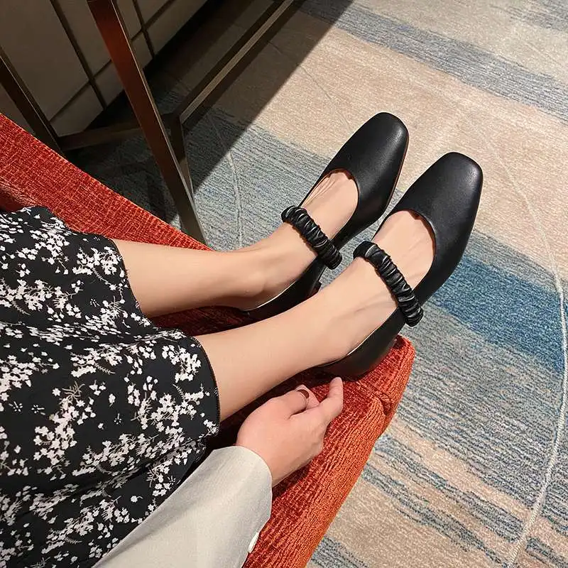 

Krazing Pot genuine leather square toe low heel pleated simple style beauty lady daily wear slip on spring new women pumps L10