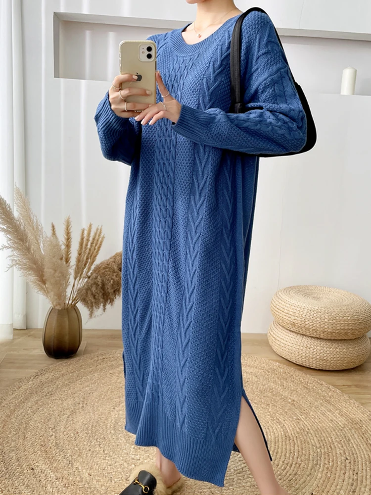 

TIGENA Women Long Dress 2021 Autumn Winter Warm Inside Solid Side Slit Long Sleeve Mid-calf Knitted Sweater Dress Female