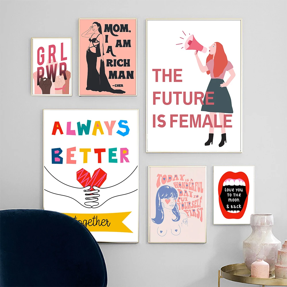 

Винтажная Картина на холсте, феминистские настенные художественные принты, постеры с цитатами о девушках, самовлюбленная картина на фемини...