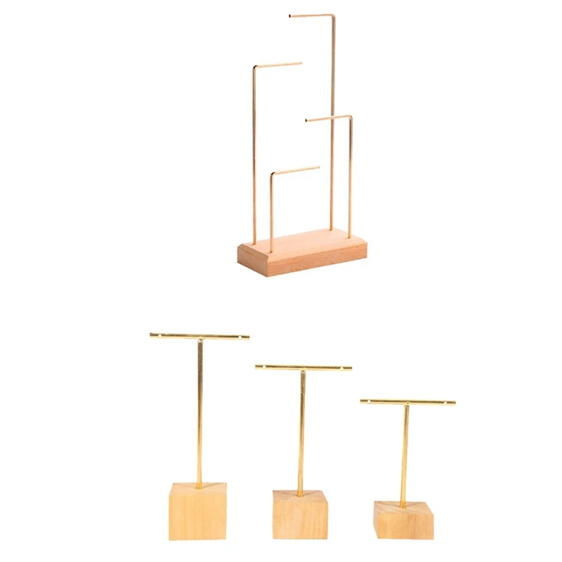 

4Pcs Ring Display Holder Pendant Earrings Display Stand Metal Stick Solid Wood Jewelry Display Stand
