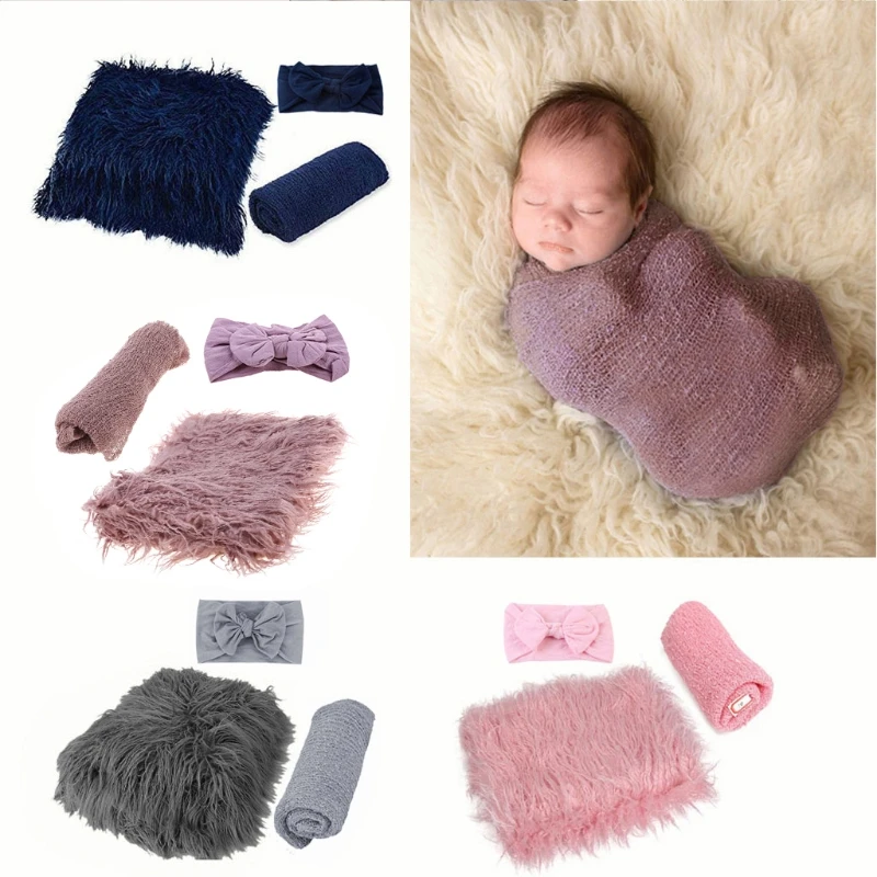 

3PCS Newborn Photography Props Toddler Photo Blankets Wrap and Headband Long Ripple Wrap Photo Prop