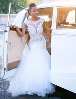 african bride wedding dresses mermaid cap sleeve open backless white lace tulle beading belt bridal gowns custom made plus size