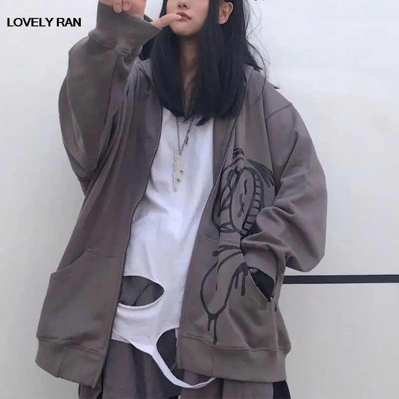 

Женская толстовка с капюшоном, Готическая Толстовка в стиле хип-хоп с длинным рукавом, Корейская уличная одежда на молнии, свитшот с мультяш...