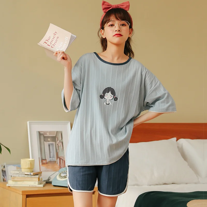 

Summer Cotton Short Sleeve Shorts 2PCS Pajamas Suit Ladies Loose Homewear Casual O-Neck Sleepwear Cute Cartoon Nightwear