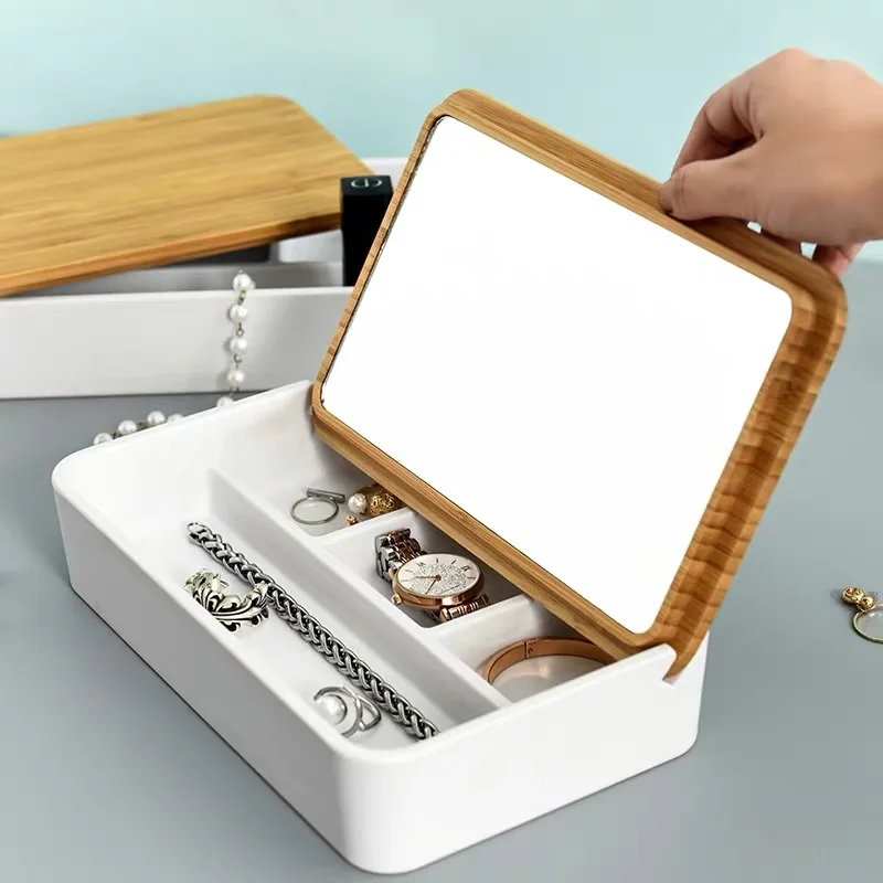 

Jewelry Storage Box with Mirror Multi-Grid Dressing Case Organizer with Bamboo Cover Necklace Earrings Rings Watch Storage Box