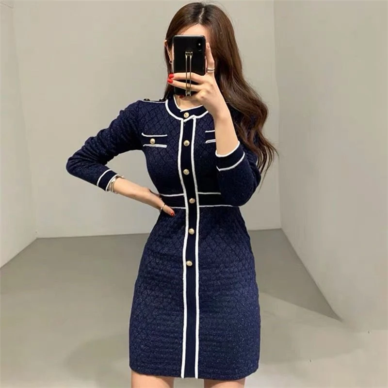 Женское трикотажное платье-свитер с круглым вырезом и длинным рукавом - купить по