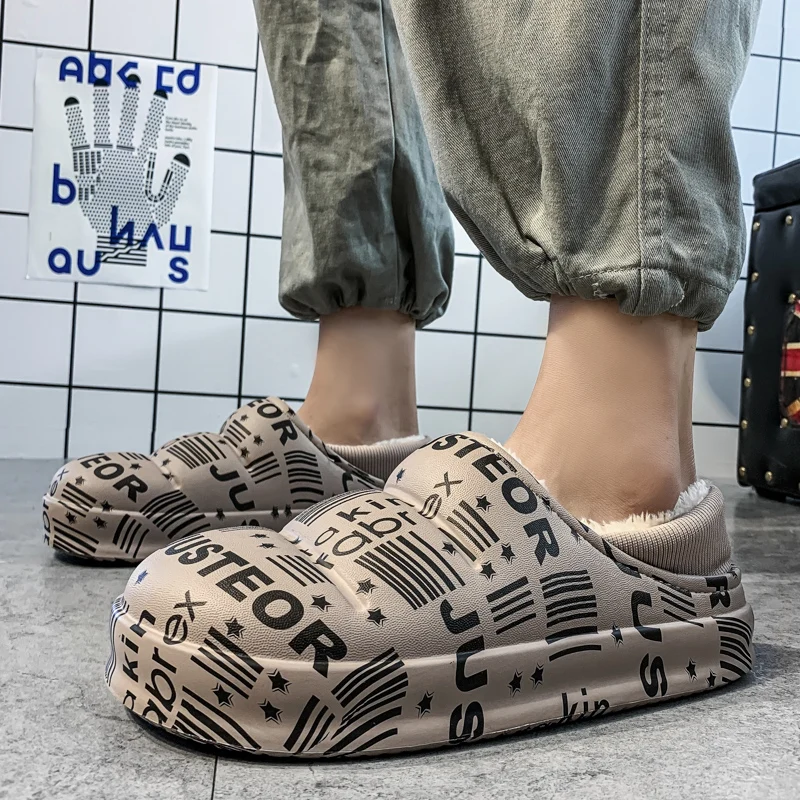 Brand Winter Warm Cotton Slippers Men's Home Shoes Simple Non-Slip Indoor and Outdoor Trend Bread Slippers Waterproof Sandals