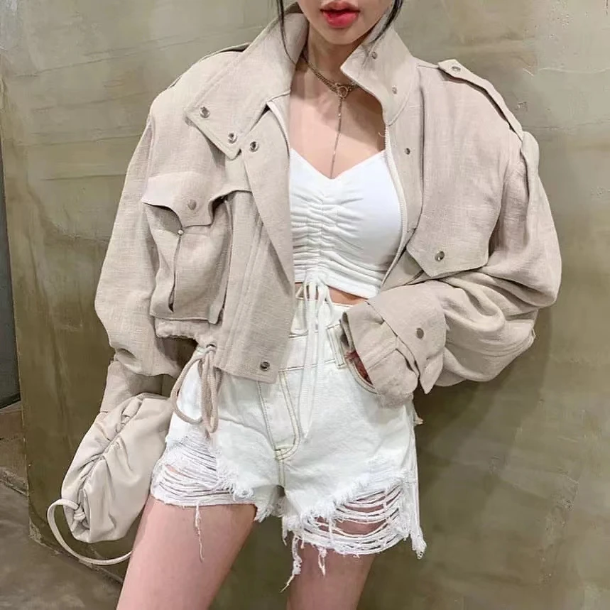 

Women's Casual Solid Cargo Jacket With Pockets Korean Fashion Zipper Open Front Cropped Coat For Lady Streetwear