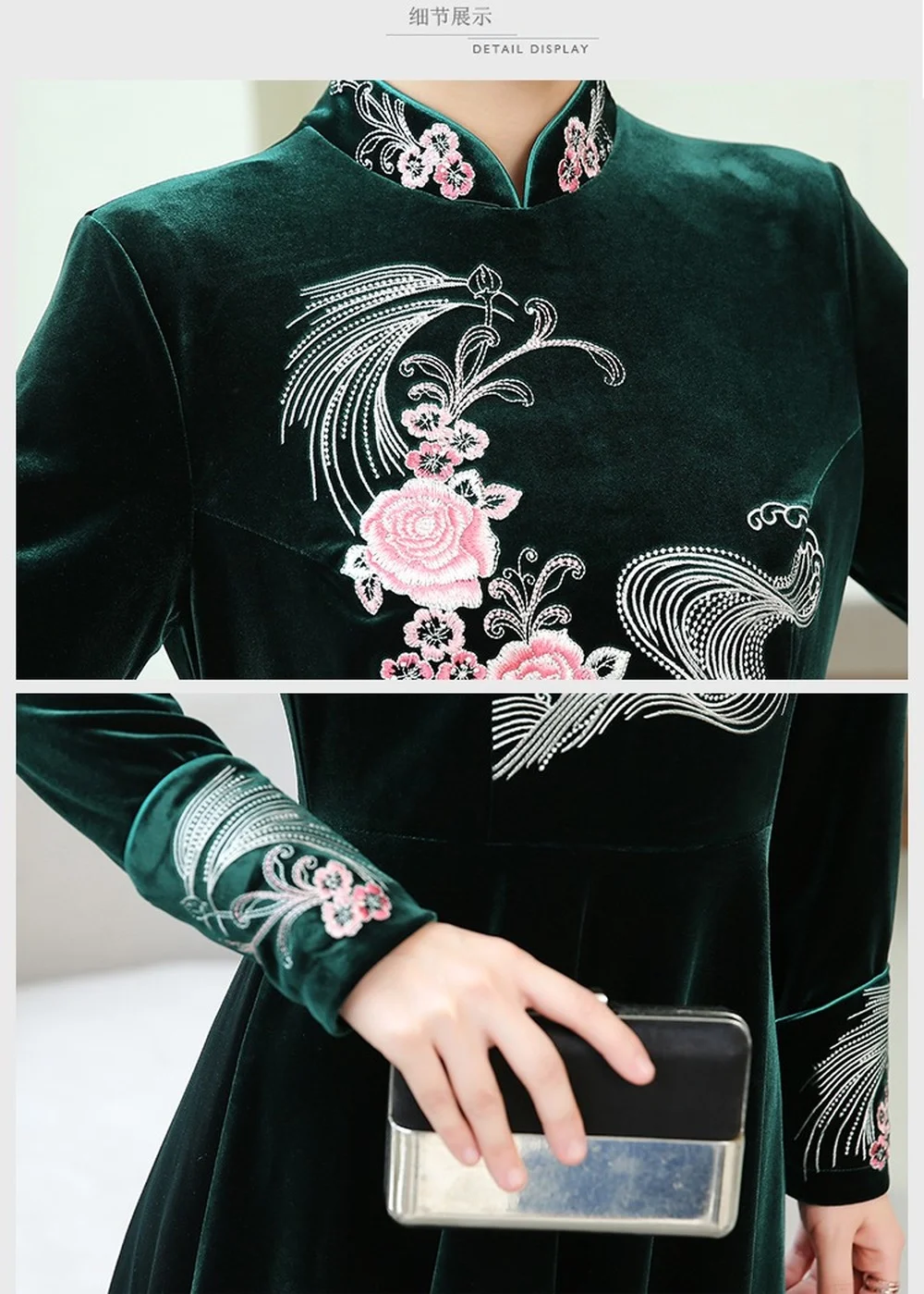 

Womens Velvet Dress Floral Embroidery Chinese Cheongsam Qipao Vintage Long Dress S-4XL Oversize