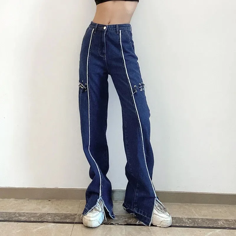 

2021 High Waist Women Casual Front Split Wide Leg Denim Pants Pant Fashion Jeans Handsome Streetwears Straight Trousers Popular