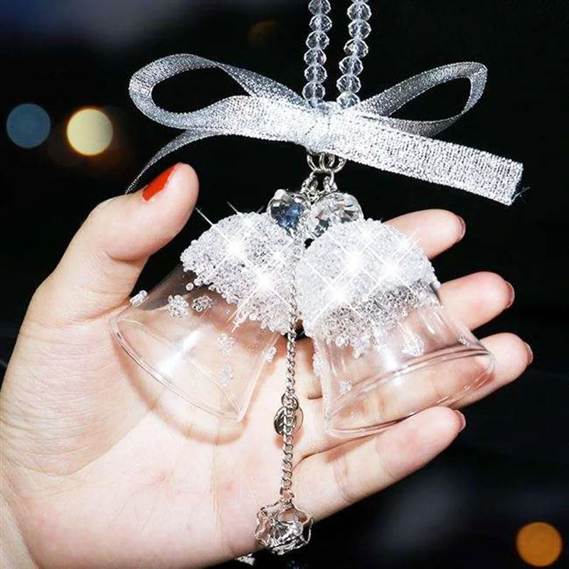

Upscale Car Pendant Crystal Mink Hair Double Bell Auto Rearview Mirror Hanging Ornaments Car Interior Accessories Holiday Gifts