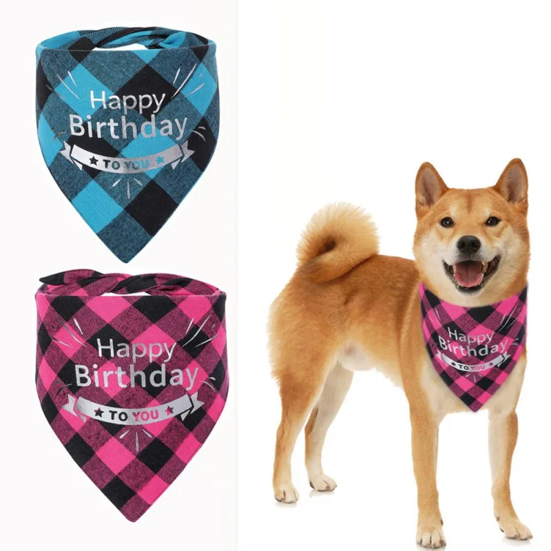 

Happy Birthday Pet Bandanas Triangular Scarf Classic Plaid Bib Adjustable Neckerchief For Puppy Dog Cat Decoration