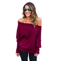 fashion solid color knitwear for female loose off shoulder women tops scoop neck diagonal collar batwing sleeve female sweater