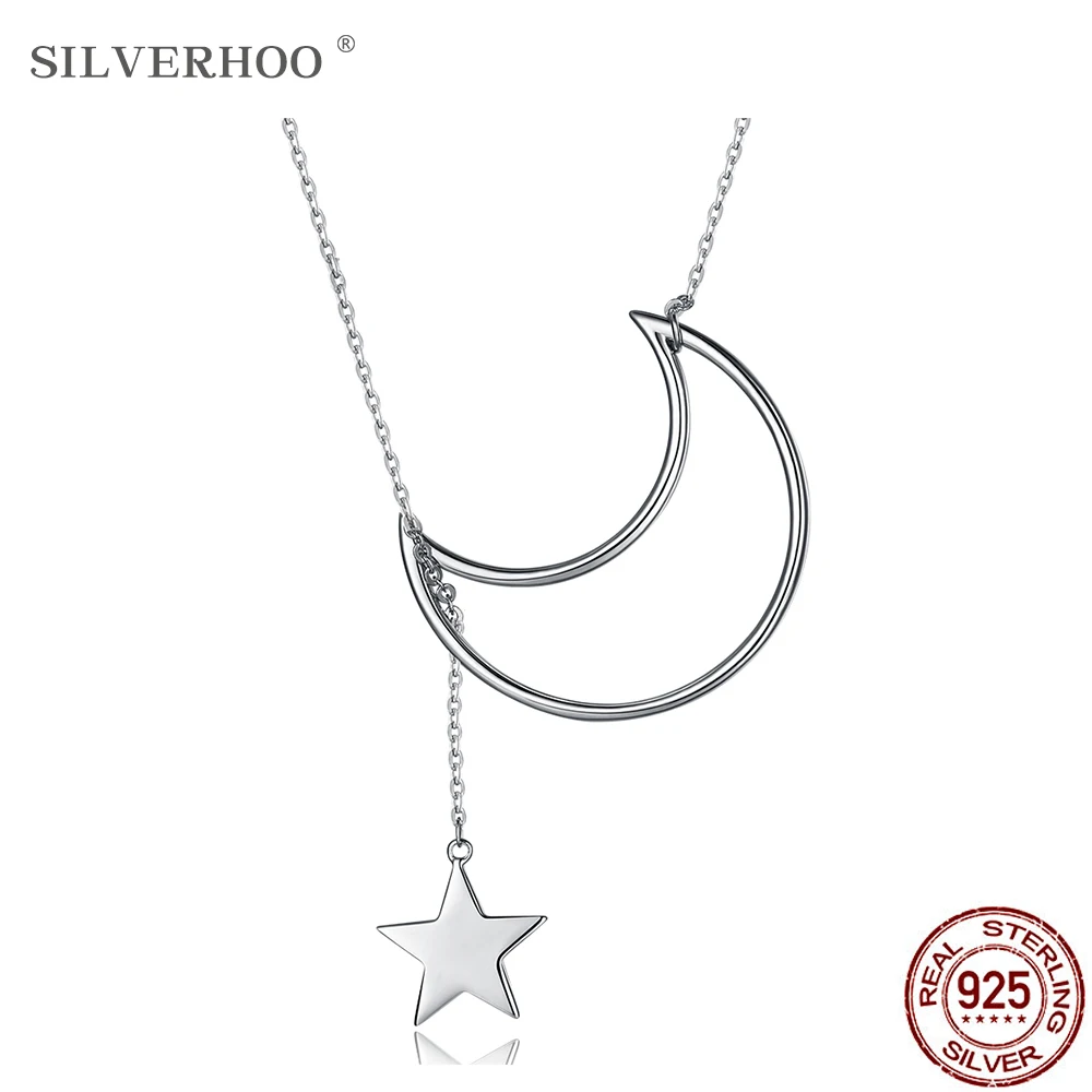 

SILVERHOO 925 Sterling Silver Necklaces For Women Big Moon Tiny Stars Necklace Hot Sale Simple Gift Fine Jewelry New Listing