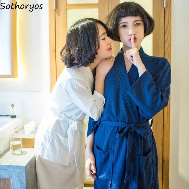 

Robes Women Autumn Long Sleeve Waffles Korean Style Solid Lace-up Womens Sleepwear Suck-water Bathrobes Trendy Leisure Soft New