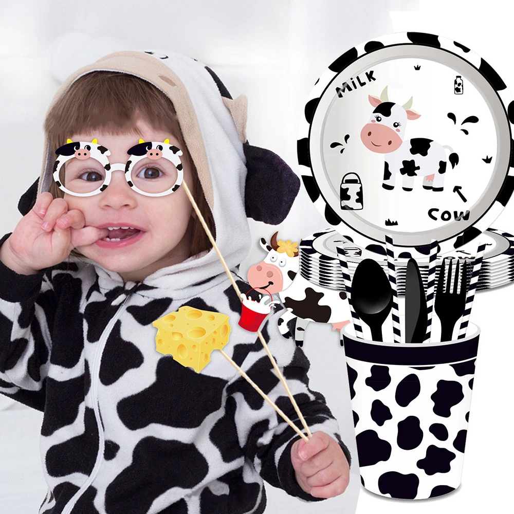 

Cow Printing Party Supplies Cow Balloon Disposable Tableware Paper Plate Cup Meal Paper Farm Animal Happy Birthday Child Photo
