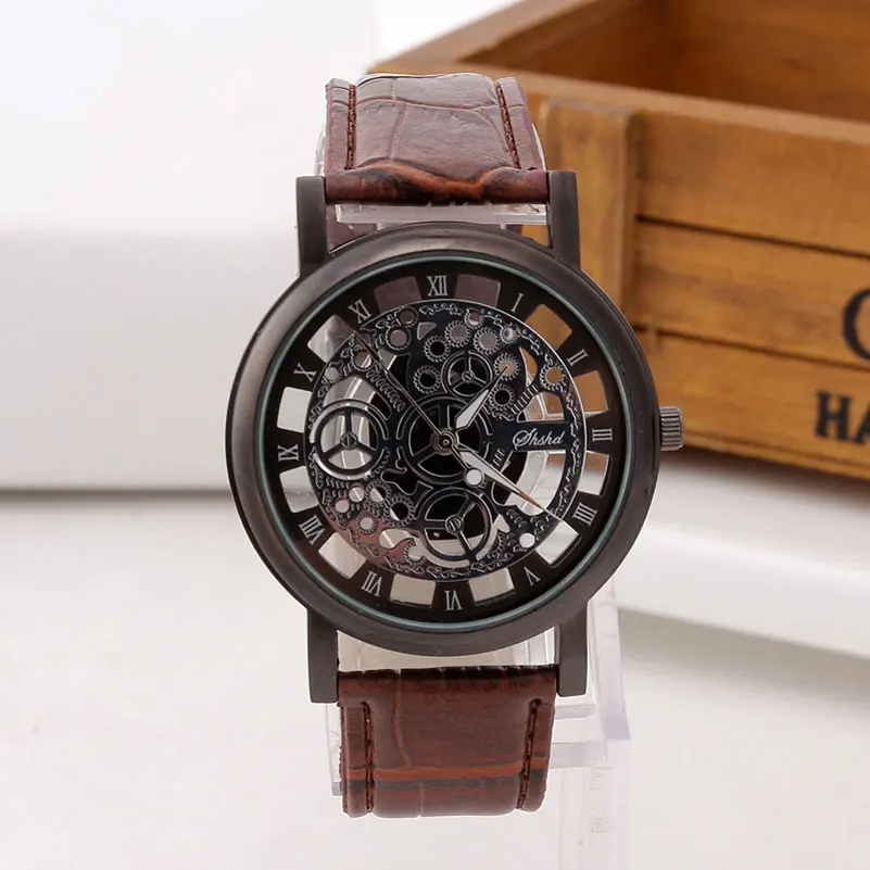 

Fashion Business Skeleton Watch Men Engraving Hollow Reloj Hombre Dress Quartz Wristwatch Leather Band Women Clock Relojes Mujer