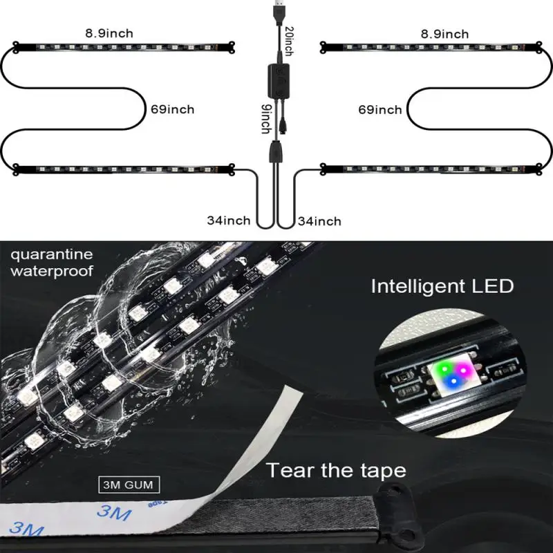 

LED Car Foot Light Ambient Lamp With USB Wireless Remote Music Control Multiple Modes Automotive Interior Decorative Lights