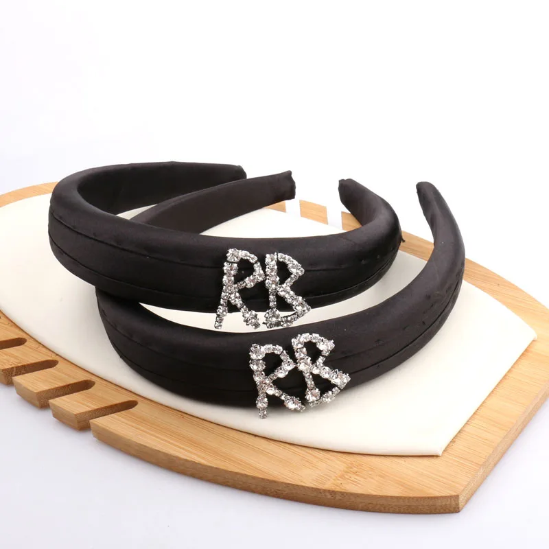 

Crystal R letter black silk wide hairbands women charming fashion headwear