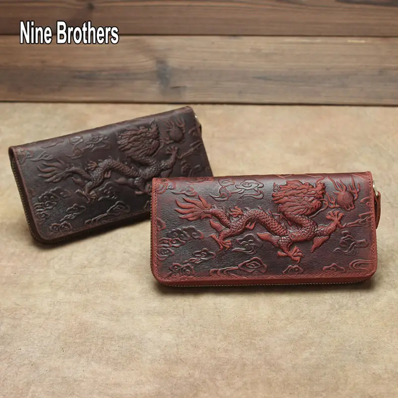 

Chinese Wind Leather Men's Purse 3D Dragon Zipper Around Luxury Man Wallet Cowhide Long Clutch Money Bag Card Holder Phone Bags