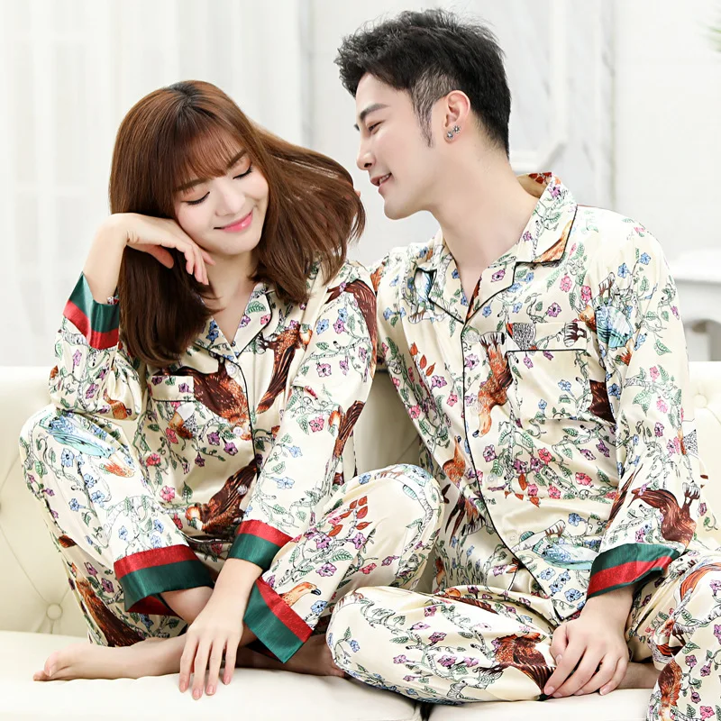 Lovers Printed Stain Pajama Sets Silk-like Long Sleeve Top and Pants Elegant Loungewear Women and Men Nightwear Unisex Homewear