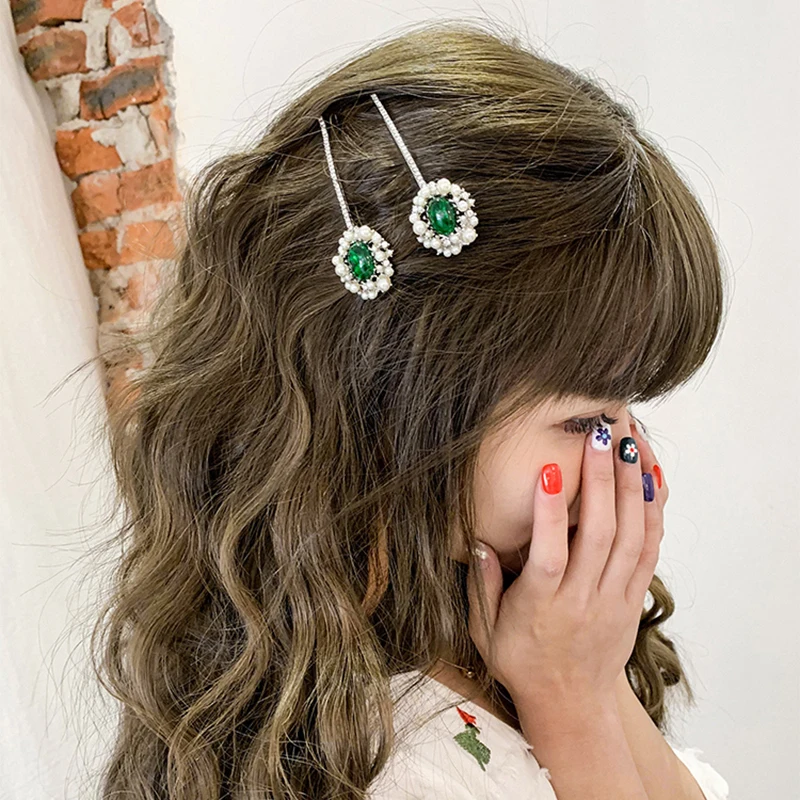 Hot Elegant Luxury Hair Clips Green Stone Rhinestone Hairclips for Women Vintage Pearl Barrettes Girls Headwear Accessories | Украшения и