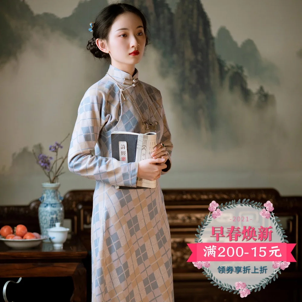 

Осенне-зимнее платье qipao для молодых студентов, эластичное вязаное платье в клетку для поддержания морали Китайской Республики