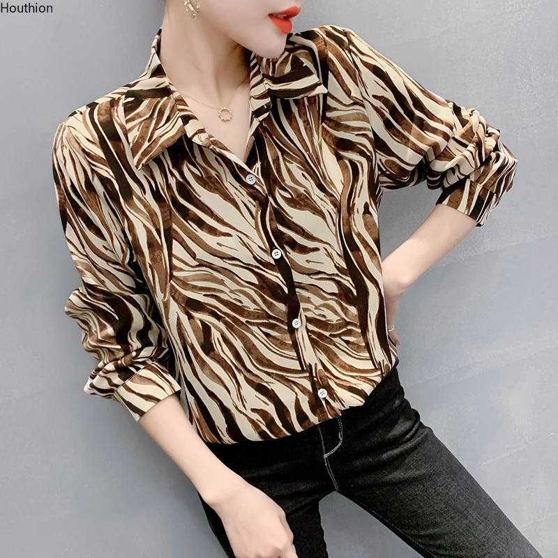 

Autumn New Women's Blouses Polo Shirt Long Sleeve Tops Leopard Print Blouse Girl Chiffon Casual Fashion Lady Loose
