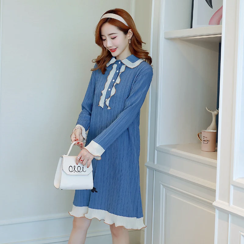 Postpartum Women Button Fly Lactation Dress Long Sleeve Peter Pan Collar Maternity Breastfeeding Pleated Red Party | Мать и ребенок