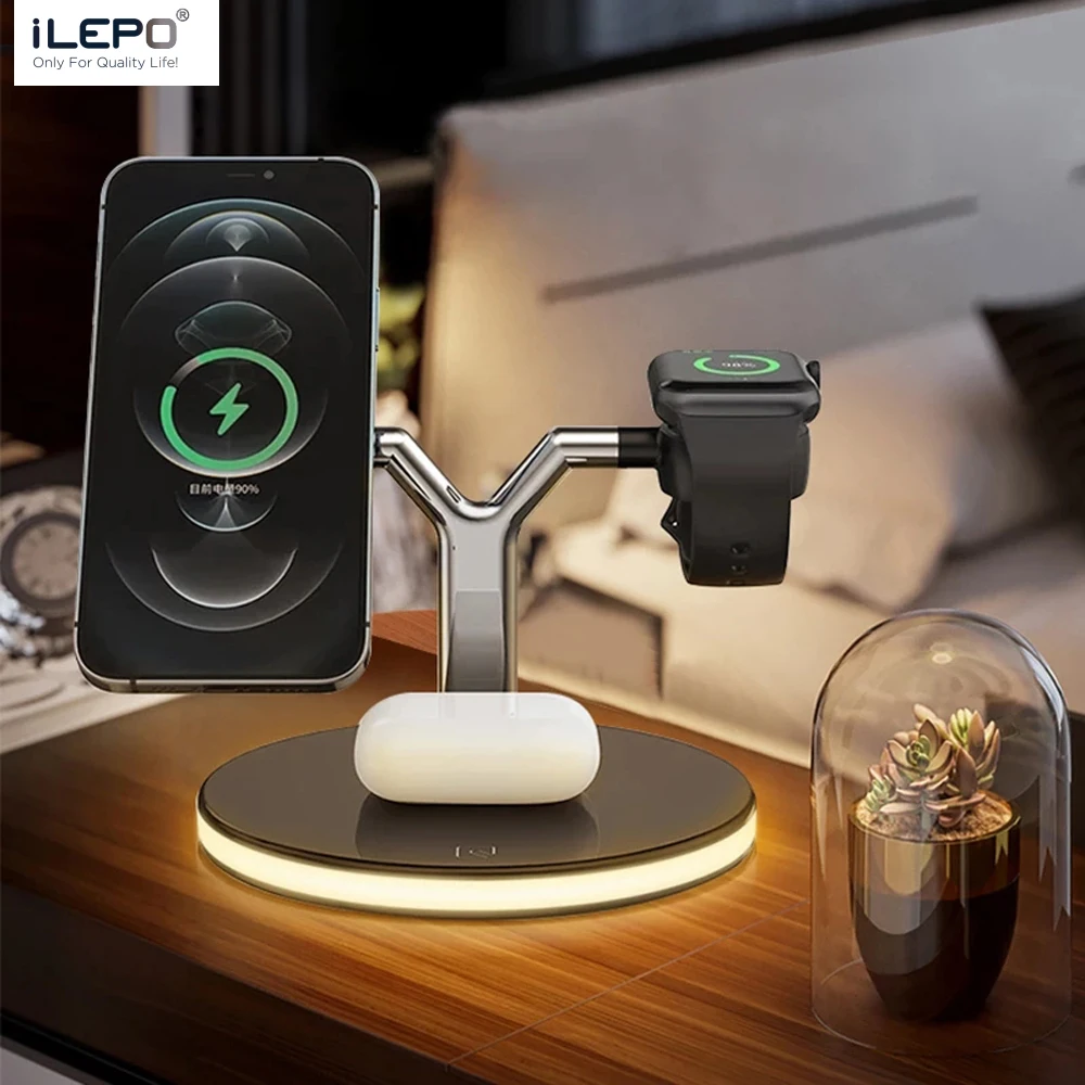 

Магнитное беспроводное быстрое зарядное устройство ILEPO 3 в 1 15 Вт для iPhone 12 Mini Pro Max/Apple Watch, зарядная станция для Airpods Pro