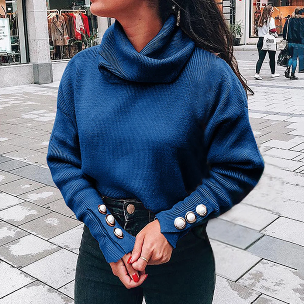 Laamei Turtleneck Sweaters Women Pullover Oversize Sweater Buttons Female Jumper Plus Green Blue Casual | Женская одежда