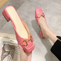 021 baotou semi slipper women wear square head thick heel womens shoes in summer online celebrity joker fitting rose sandals